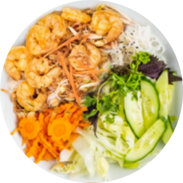 Reisnudelschale mit gegrillten Riesengarnelen (scharf)