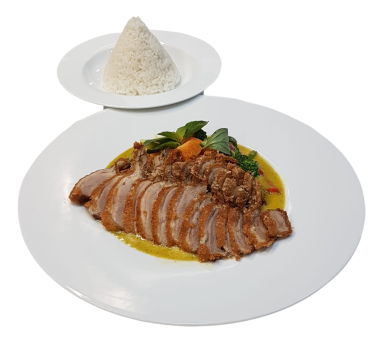 Knusprige Ente mit Kokosmilch und Mango-Sauce (scharf)