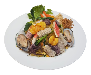 Riesengarnelen mit Tintenfisch, Lachs, Krebsfleisch, Kokosmilch und roter Currysauce (scharf)