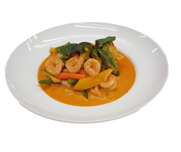 Riesengarnelen mit Kokosmilch und roter Currysauce (scharf)