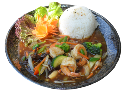 Riesengarnelen mit indischer Currysauce (scharf)