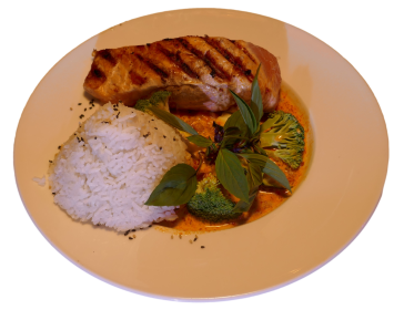 Gebackenes Fischfilet mit Kokosmilch und roter Currysauce (scharf)